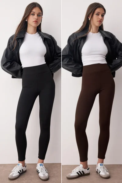 TRENDYOLMİLLA Black-Brown 2 Sets Pack interlock Fitted High Waist Knitting Leggings