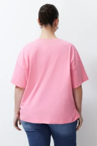 Trendyol Curve Pink Printed Oversized 100% Cotton Knitting T-Shirt - Image 7