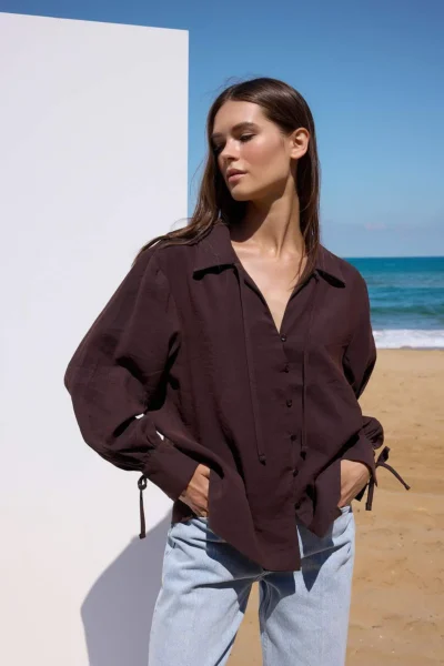 TRENDYOLMİLLA Sustainable Dark Brown Boho Modal Binding Detailed Oversized Modal Shirt