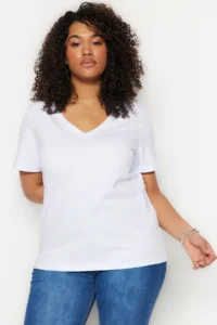 Trendyol Curve White V-neck Basic 100% Cotton Knitting T-Shirt - Image 4