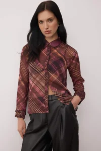 TRENDYOLMİLLA Burgundy Checkered Regular Pattern Unlined Siphon Shirt