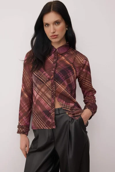 TRENDYOLMİLLA Burgundy Checkered Regular Pattern Unlined Siphon Shirt