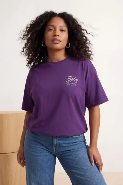 Trendyol Curve Purple 100% Cotton Oversized/Wide Pattern Galaxy Printed Plus Size Knitting T-Shirt