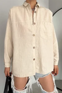 FEMELLE Women's Beige Wooden Buttoned Single Pocket Oversize Wide Fit Shirt
