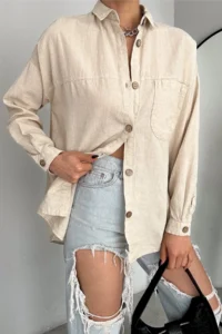 FEMELLE Women's Beige Wooden Buttoned Single Pocket Oversize Wide Fit Shirt - Image 2