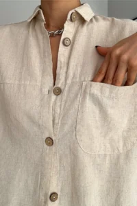 FEMELLE Women's Beige Wooden Buttoned Single Pocket Oversize Wide Fit Shirt - Image 3