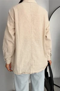 FEMELLE Women's Beige Wooden Buttoned Single Pocket Oversize Wide Fit Shirt - Image 4