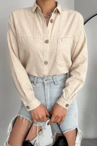 FEMELLE Women's Beige Wooden Buttoned Single Pocket Oversize Wide Fit Shirt - Image 5
