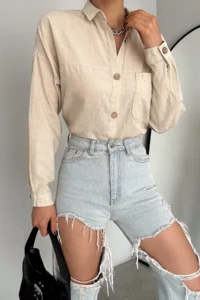 FEMELLE Women's Beige Wooden Buttoned Single Pocket Oversize Wide Fit Shirt - Image 6