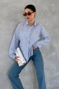 FEMELLE Women Blue Striped slim Fit 100% Cotton Shirt