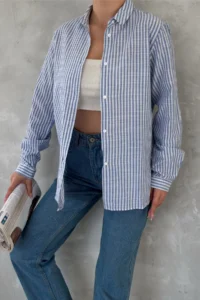 FEMELLE Women Blue Striped slim Fit 100% Cotton Shirt - Image 3