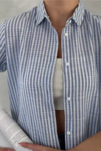 FEMELLE Women Blue Striped slim Fit 100% Cotton Shirt - Image 4
