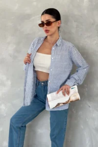 FEMELLE Women Blue Striped slim Fit 100% Cotton Shirt - Image 8