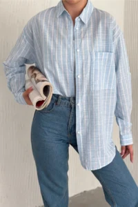 FEMELLE Women's Light Blue Striped 100% Cotton Oversize Shirt (Buy 1 Size Small)