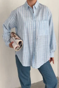 FEMELLE Women's Light Blue Striped 100% Cotton Oversize Shirt (Buy 1 Size Small) - Image 2