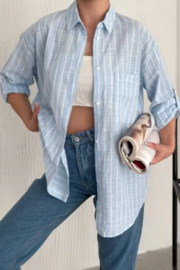 FEMELLE Women's Light Blue Striped 100% Cotton Oversize Shirt (Buy 1 Size Small) - Image 3