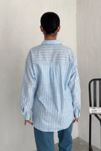 FEMELLE Women's Light Blue Striped 100% Cotton Oversize Shirt (Buy 1 Size Small) - Image 4