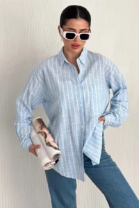 FEMELLE Women's Light Blue Striped 100% Cotton Oversize Shirt (Buy 1 Size Small) - Image 5