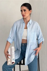 FEMELLE Women's Light Blue Striped 100% Cotton Oversize Shirt (Buy 1 Size Small) - Image 6