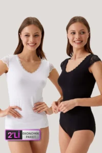 Pierre Cardin 2'li Ekonomik Paket Siyah-beyaz 1027 Dantelli V Yaka Basic Pamuklu T-shirt / Atlet Set