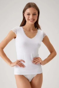 Pierre Cardin 2'li Ekonomik Paket Siyah-beyaz 1027 Dantelli V Yaka Basic Pamuklu T-shirt / Atlet Set - Image 2
