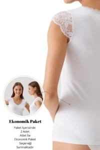 Pierre Cardin 2'li Ekonomik Paket Siyah-beyaz 1027 Dantelli V Yaka Basic Pamuklu T-shirt / Atlet Set - Image 7