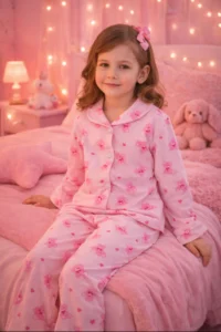Tarık Pink Buttoned Front Pajama Set for Girls – Flexible and Soft Fabric