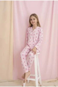 Tarık Pink Buttoned Front Pajama Set for Girls – Flexible and Soft Fabric - Image 3