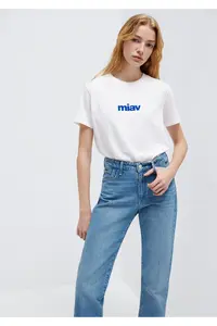 Mavi Miav Printed White T-Shirt Regular Fit / Normal Cut -620