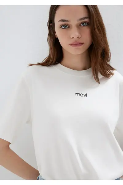 Mavi Logo Printed Interlock White T-Shirt Regular Fit / Normal Cut -80194