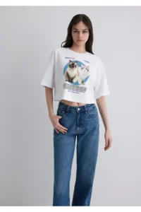 Mavi Cat Printed White T-Shirt Crop / Short Cut -620 - Image 2