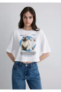 Mavi Cat Printed White T-Shirt Crop / Short Cut -620 - Image 3