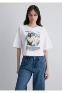 Mavi Cat Printed White T-Shirt Crop / Short Cut -620 - Image 4