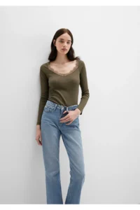 Mavi Long Sleeve Khaki T-Shirt Fitted -87538