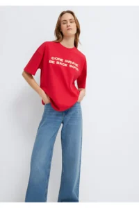 Mavi Slogan Printed Red T-Shirt Loose Fit -80791