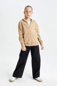 DeFacto Girl's Basic Plain Hooded Zippered School Cardigan - Image 2