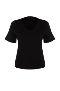 Trendyol Curve Black V-neck Basic 100% Cotton Knitting T-Shirt - Image 6