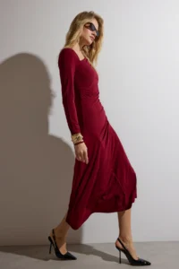 TRENDYOLMİLLA Burgundy Asymmetric Collar Gather detailed Midi bodycon Flexible Knitting Dress - Image 2