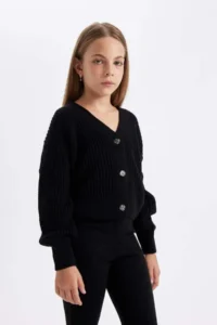 DeFacto Girl's V-Neck Buttoned Black Basic Plain Knitwear Cardigan A2298a824au - Image 3