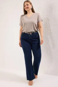 Trendyol Curve Stone Regular Fit V-neck Plus Size T-Shirt - Image 2