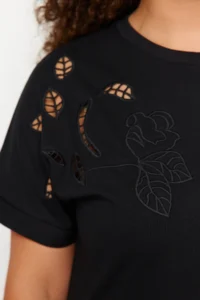 Trendyol Curve Black embroidery Detailed Basic 100% Cotton Knitting T-Shirt - Image 3