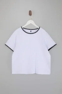 Trendyol Curve White 100% Cotton Contrast Stitching Detailed Crew Neck Knitting Plus Size T-Shirt
