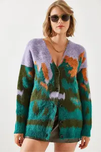 Bianco Lucci Women Colorful Patterned Fleece Cardigan