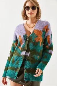 Bianco Lucci Women Colorful Patterned Fleece Cardigan - Image 5
