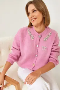 Bianco Lucci Women Fleece Knitwear Cardigan with Stone Collar
