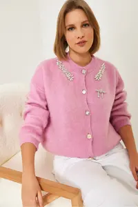 Bianco Lucci Women Fleece Knitwear Cardigan with Stone Collar - Image 2