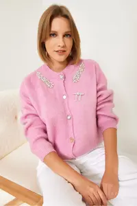Bianco Lucci Women Fleece Knitwear Cardigan with Stone Collar - Image 4