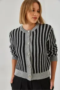 Bianco Lucci Women Striped Knitwear Cardigan