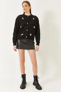 Bianco Lucci Women with pompom Patterned Knitwear Cardigan