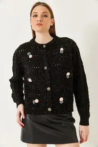 Bianco Lucci Women with pompom Patterned Knitwear Cardigan - Image 2